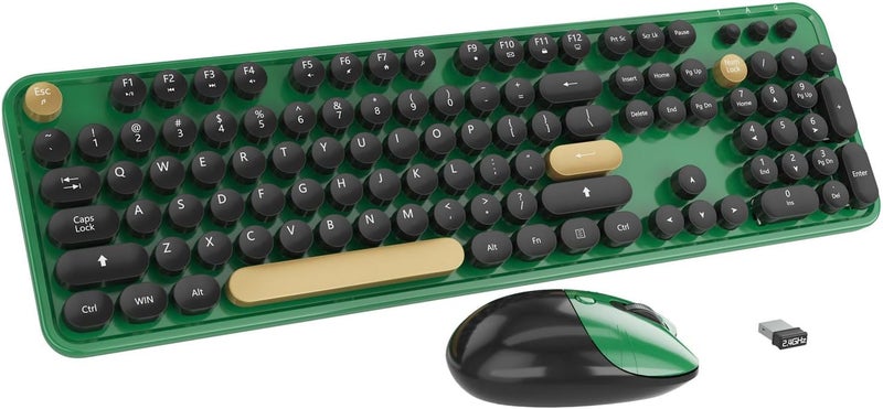 Kootop Wireless Keyboard,Cute Colorful 104 Keys Typewriter Retro Round Keycaps Keyboard for PC Laptop,Desktop,Windows, Home and Office Keyboards (Black Green) - Image 1